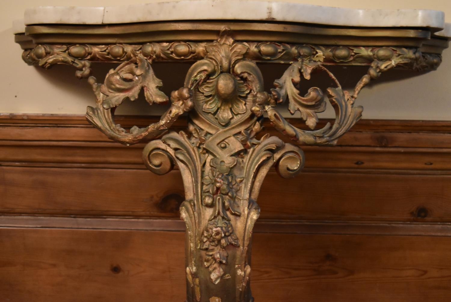 A 19th century giltwood console table with serpentine marble top and scrolling foliate gesso - Image 3 of 11