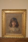 Cherubino Kirchmayr- A carved gilt framed oil on board of a little girl in a ruffled collar.