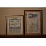 Two framed and glazed Chinese bearer certificates for Banque Industrielle de Chine and The Wing on
