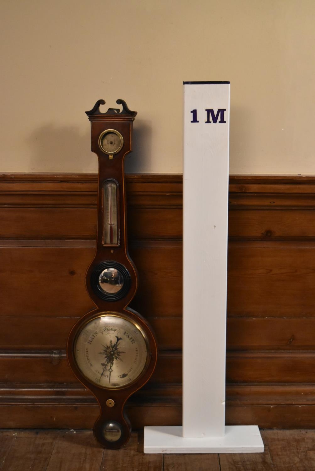 A 19th century mahogany cased mercury wheel barometer with silvered dial and satinwood inlay. H.98 - Image 7 of 7