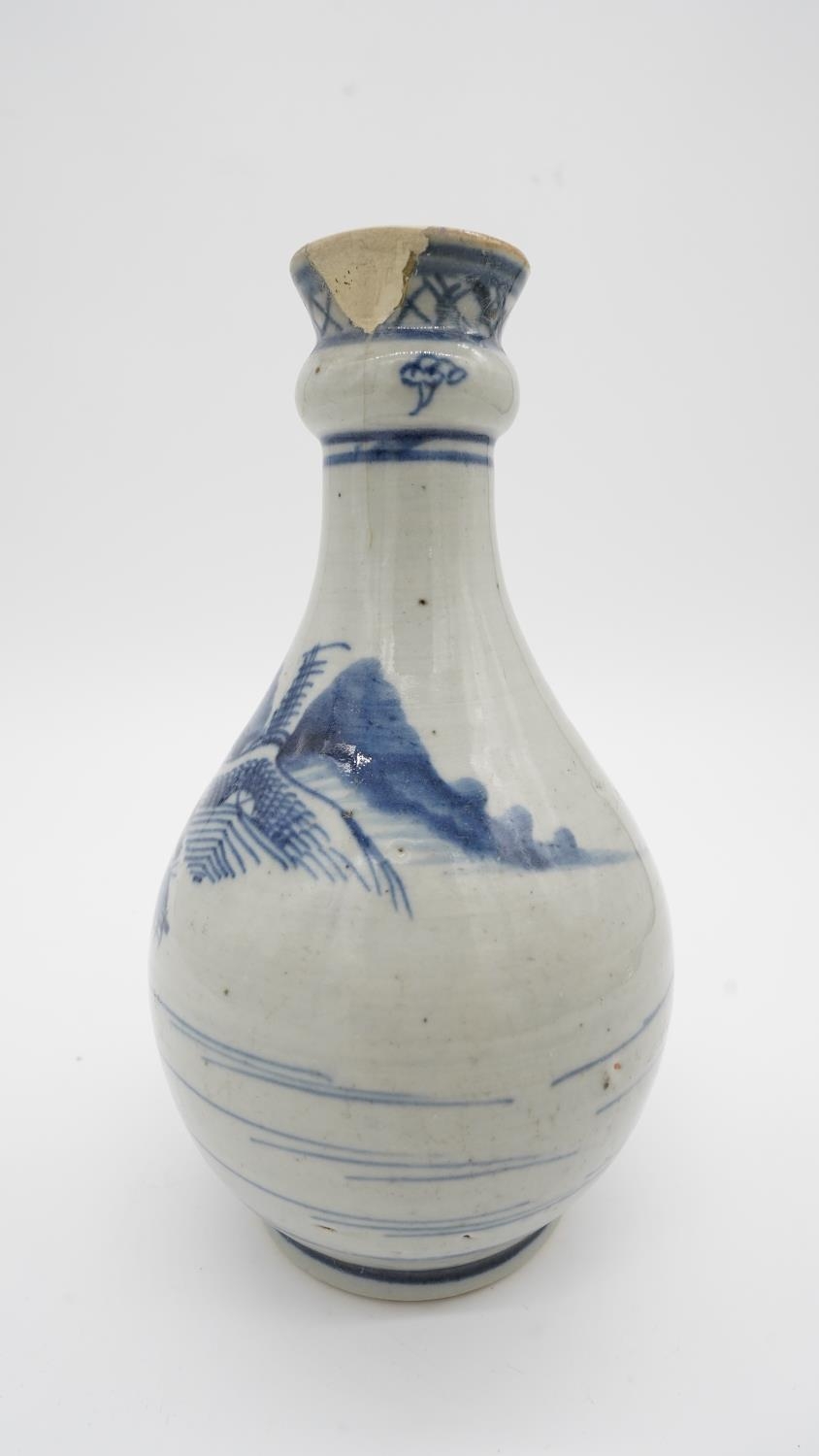 An 18th century Chinese Garlic-neck blue and white bottle hand painted vase (restored) along with - Image 7 of 10