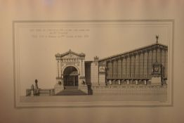 A 19th century framed and glazed engraving of an architectural detail of a French railway station.