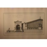 A 19th century framed and glazed engraving of an architectural detail of a French railway station.