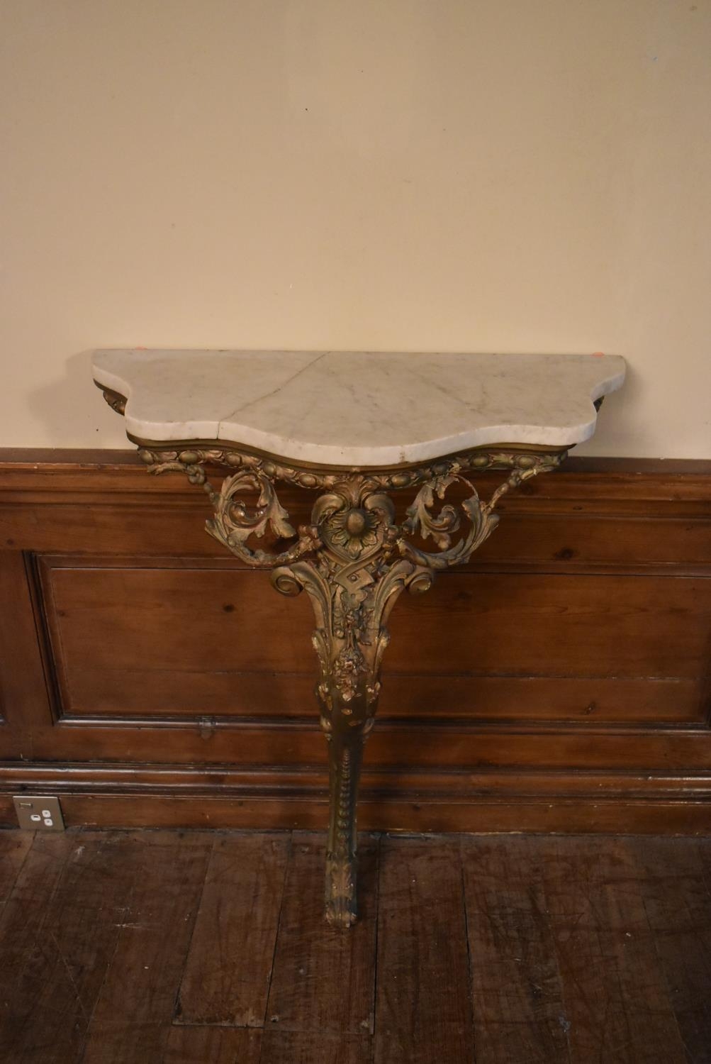 A 19th century giltwood console table with serpentine marble top and scrolling foliate gesso - Image 2 of 11
