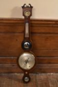 A 19th century mahogany cased mercury wheel barometer with silvered dial and satinwood inlay. H.98