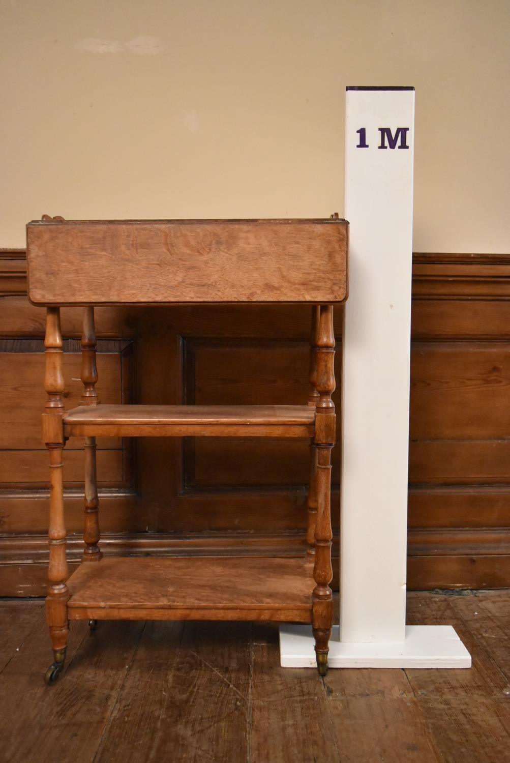 A late 19th century oak drop flap three tier buffet whatnot on turned supports terminating in - Image 10 of 10