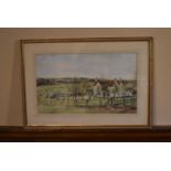 A framed and glazed watercolour, farmhouse in an orchard. H.46 W.67cm