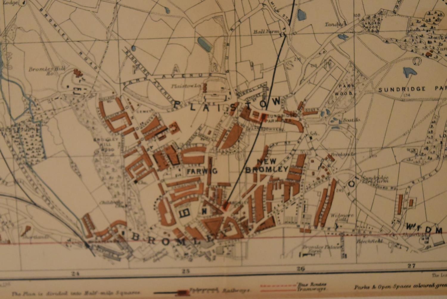 Three framed and glazed antique engravings. One of a map of Bromley, one of architectural drawings - Image 3 of 9