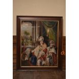 A large 19th century mahogany framed and glazed, woolwork needlepoint depicting a court scene. H.120