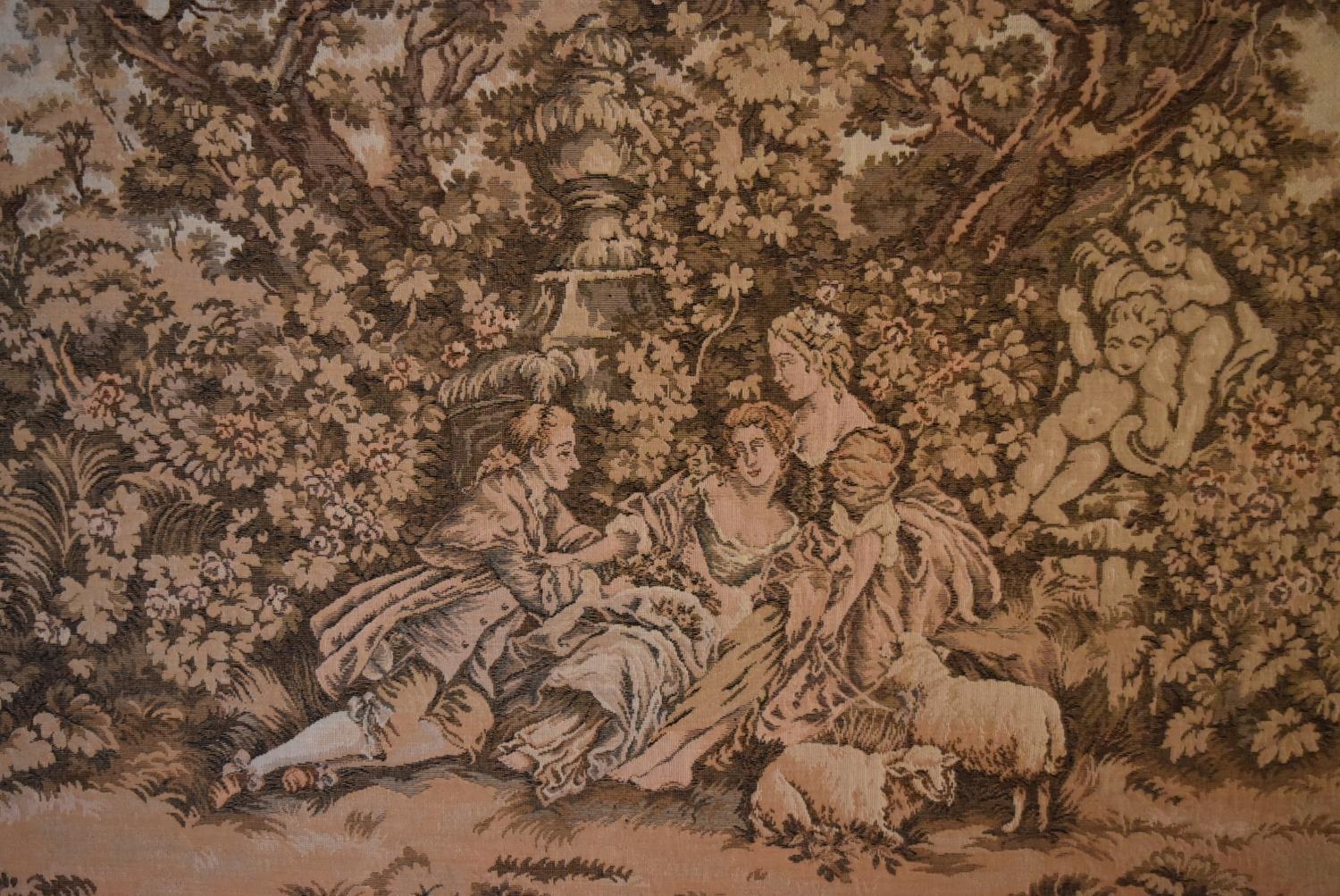 A large gilt framed Aubusson style wall hanging of a garden courting scene. H.75 W.204cm - Image 3 of 6