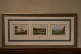 Three prints of grand houses in Cornwall framed and glazed as one. H.53 W.103cm