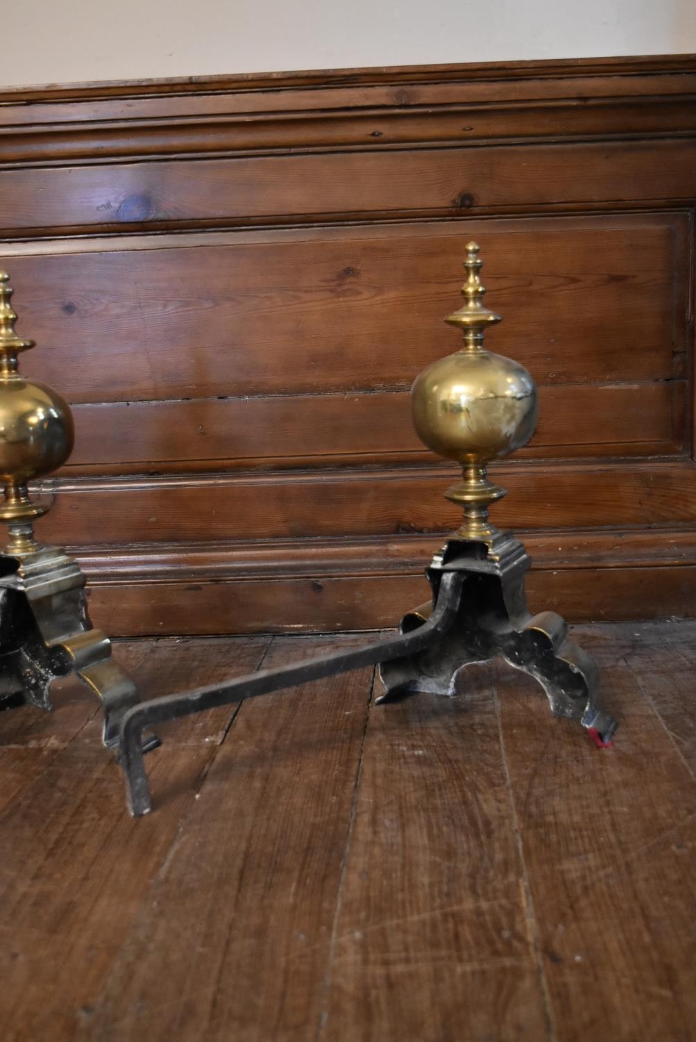 A pair of 19th century brass fire dogs with ball and finials above mask decorated base. H.51 W. - Image 5 of 6