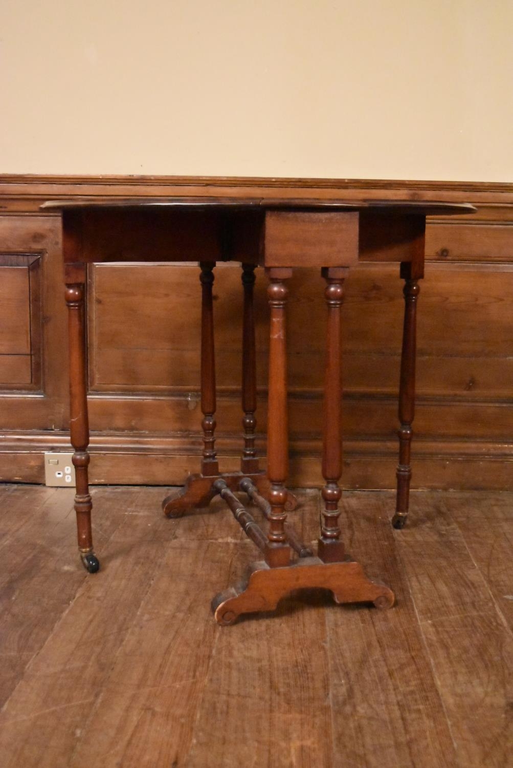 A 19th century mahogany drop flap Sutherland table on turned tapering supports. H.69 W.82 (extended) - Image 3 of 6