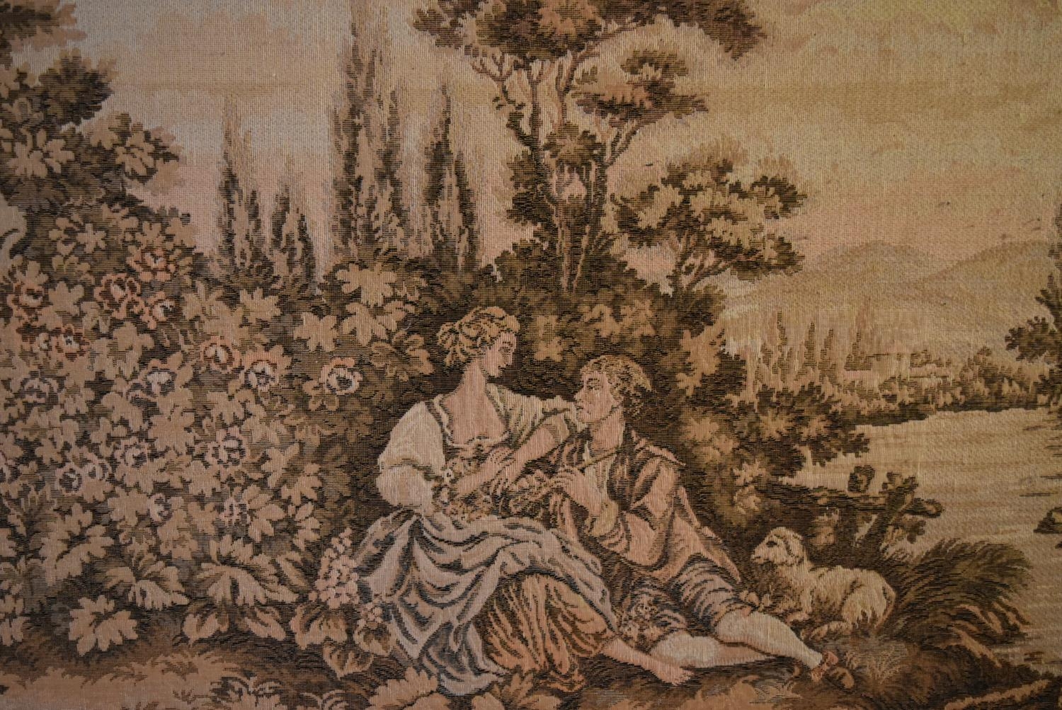 A large gilt framed Aubusson style wall hanging of a garden courting scene. H.75 W.204cm - Image 4 of 6