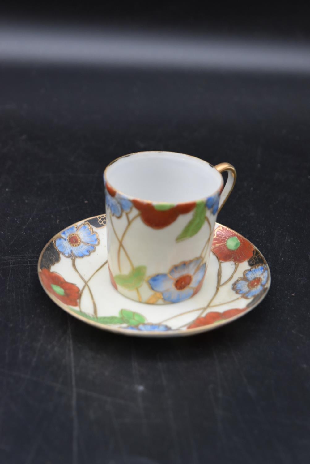 An Art Deco coffee set with hand painted foliate design, including four cups, six saucers, milk - Image 3 of 8