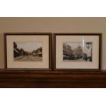 A pair of framed black and white reproduction photographs of London streets.