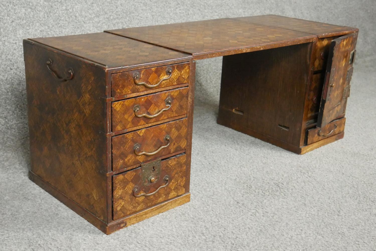 A pair of C.1900 Chinese style parquetry inlaid miniature pedestal cabinets. H.27cm - Image 2 of 7