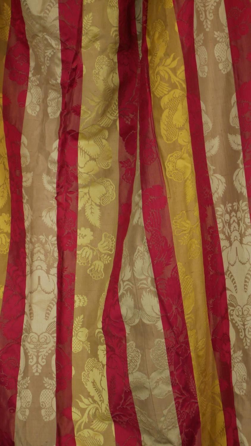 A pair of silk mix red, gold and cream striped lined curtains with a stylised floral and foliate - Image 5 of 5