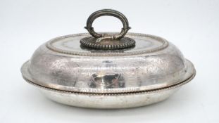 A Victorian silver plated serving dish with lid and removabale handle. L.28cm