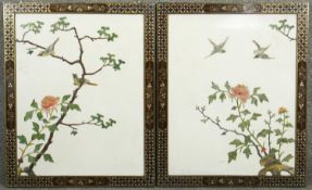 Two vintage lacquered framed Chinese hardstone inlaid wall panels. Depicting birds among flowers and