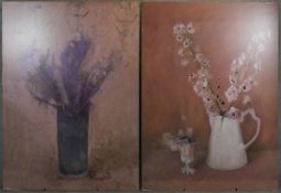 Two very large prints on board of floral still life oil paintings. H.180 W.130cm