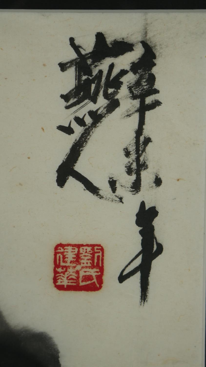 A framed and glazed Japanese ink drawing of a sleeping cat. With Japanese characters and artists - Image 3 of 7