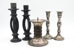 A silver pricket candle holder with hardwood column by Jacob Grimminger, makers stamp to the base,