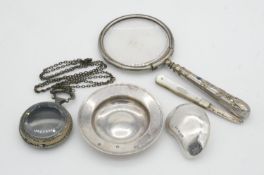 A collection of silver and other items. Incuding a small silver dish hallmarked: JHO for John