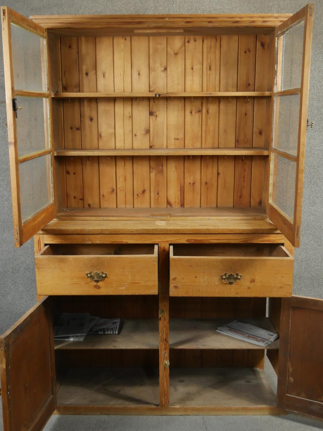 A vintage pine kitchen dresser with glazed upper section above drawers and cupboards. H.186 W.117 - Image 2 of 6