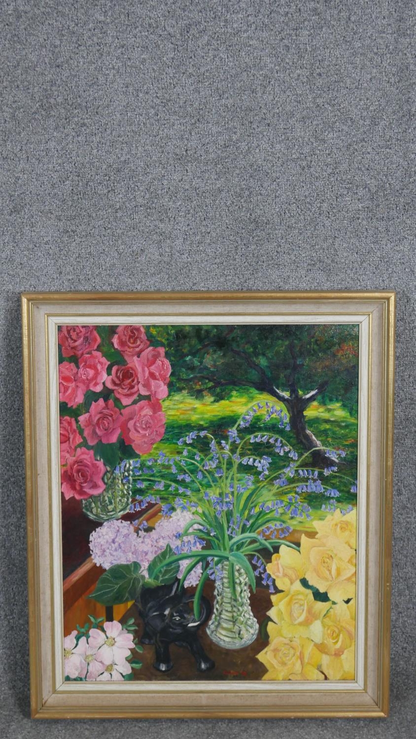Gerry B Gibbs (b. 1969). A framed oil on board of a still life. Signed Gibbs, dated 1970. H.65 W. - Image 2 of 5