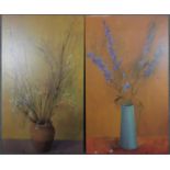 Two very large prints on board of floral still life oil paintings. H.180 W.107cm
