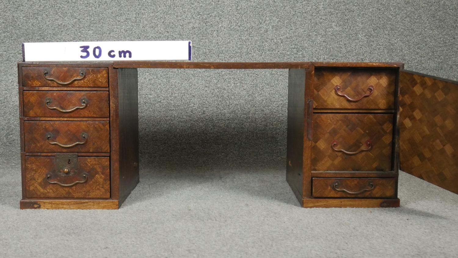 A pair of C.1900 Chinese style parquetry inlaid miniature pedestal cabinets. H.27cm - Image 7 of 7