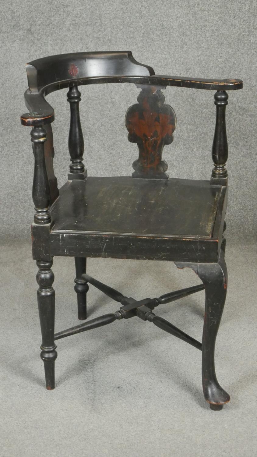 An ebonised corner armchair with Arts and Crafts style pokerwork daffodil decoration to the back - Image 2 of 3