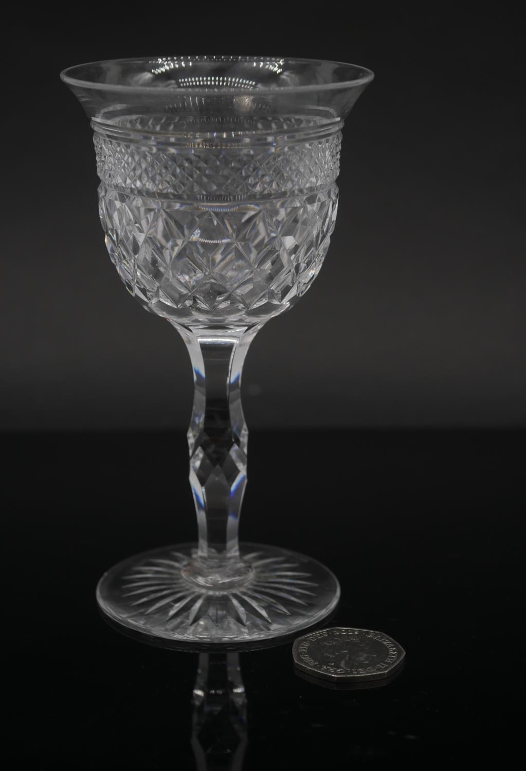 Five hand cut lead crystal sherry glasses. With crosshatched design, star cut bases and flared rims. - Image 5 of 5