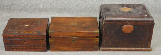 A 19th century Tunbridge inlaid writing slope, a similar walnut and brass bound box along with a