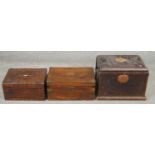 A 19th century Tunbridge inlaid writing slope, a similar walnut and brass bound box along with a