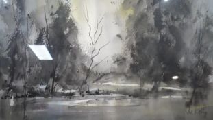 Victor Kelly RBSA, PPBWS - A framed and glazed watercolour on paper of a winter lake with trees.