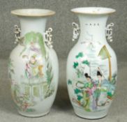 Two 19th century Famille Rose hand painted porcelain vases, one side decorated with a temple scene