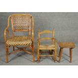 A vintage wicker conservatory chair, a child's armchair and a stool. H.87cm