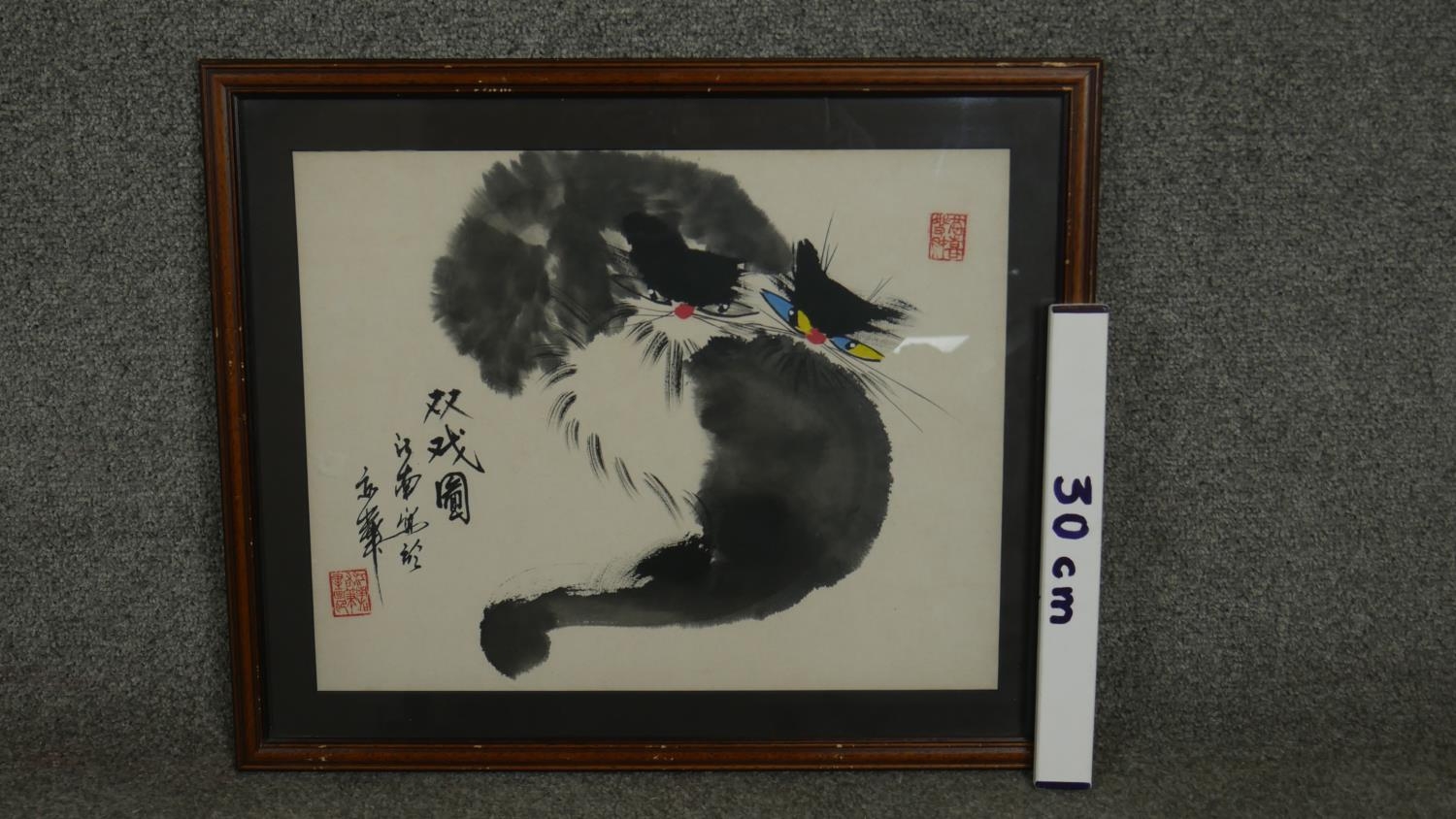 A framed and glazed Japanese ink drawing of two cats. With Japanese characters and artists seal. H. - Image 7 of 7