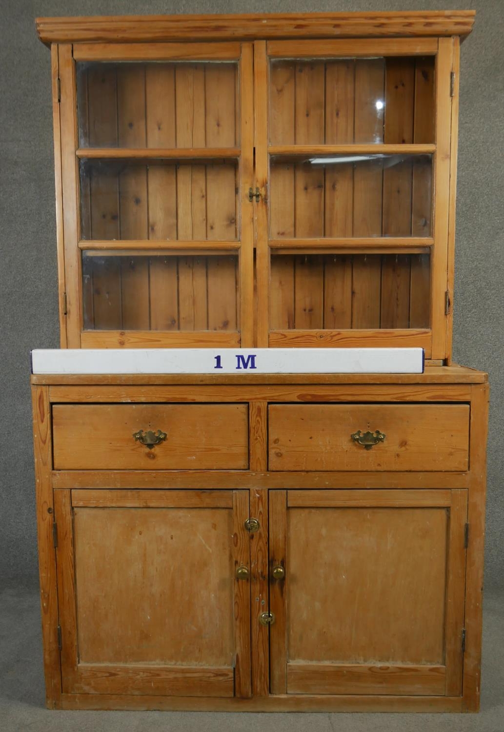 A vintage pine kitchen dresser with glazed upper section above drawers and cupboards. H.186 W.117 - Image 4 of 6