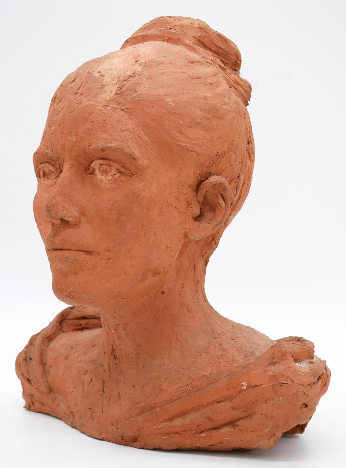 A sculpted terracotta bust of a female figure in evening dress. Monogrammed. H.38cm - Image 2 of 6