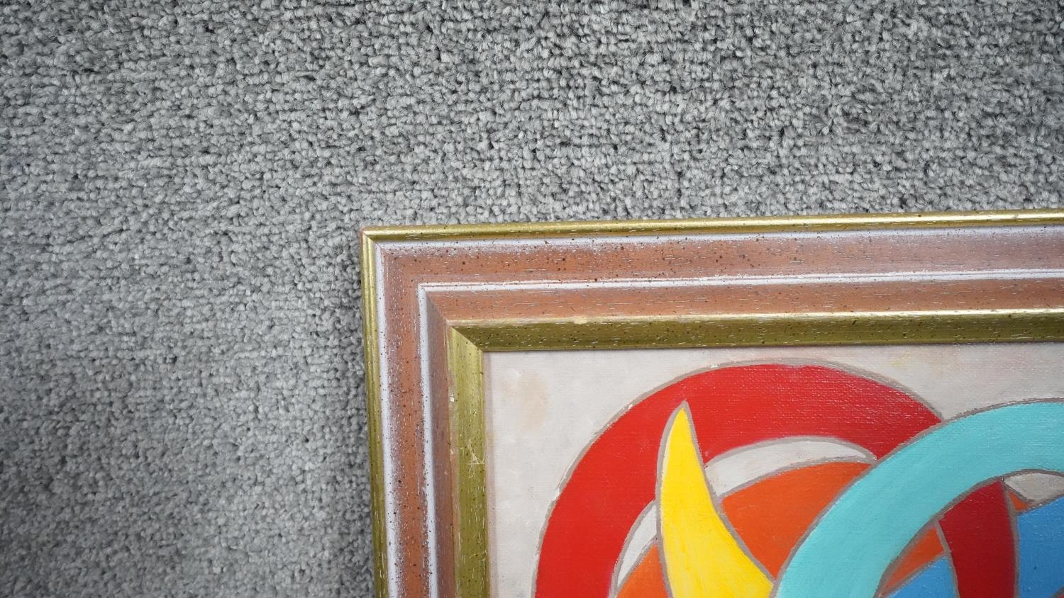 A framed colourful abstract oil on canvas, indistinctly signed, dated 2000. H.72 W.63 - Image 3 of 7