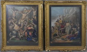 Two Victorian carved gilt framed and glazed tinsel pictures, hand coloured lithographic prints of