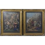 Two Victorian carved gilt framed and glazed tinsel pictures, hand coloured lithographic prints of