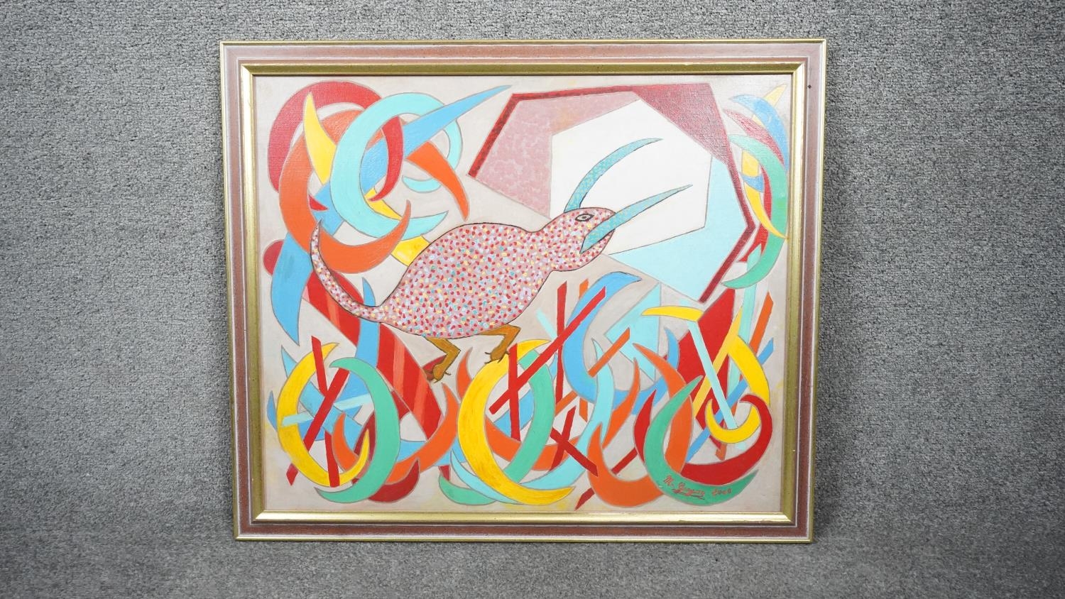 A framed colourful abstract oil on canvas, indistinctly signed, dated 2000. H.72 W.63 - Image 2 of 7