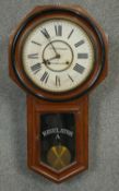 A 19th century mahogany cased Ansonia eight day regulator wall clock with white painted dial and