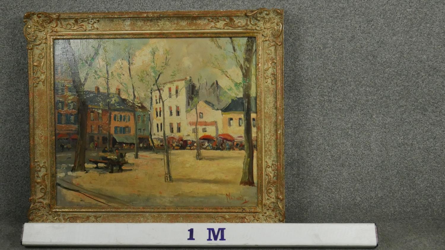 An oil on board in carved frame of a Continental market square with cafe. Signed Marinelli. - Image 7 of 7