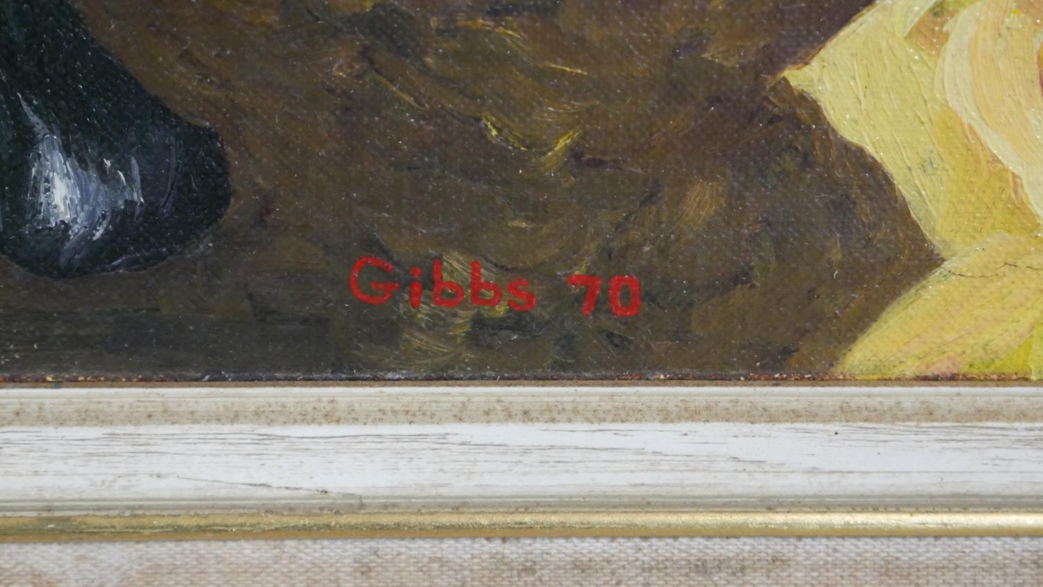 Gerry B Gibbs (b. 1969). A framed oil on board of a still life. Signed Gibbs, dated 1970. H.65 W. - Image 3 of 5