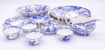 A four person Crown Derby porcelain Mikado pattern tea set, with blue and white Chinese pattern with